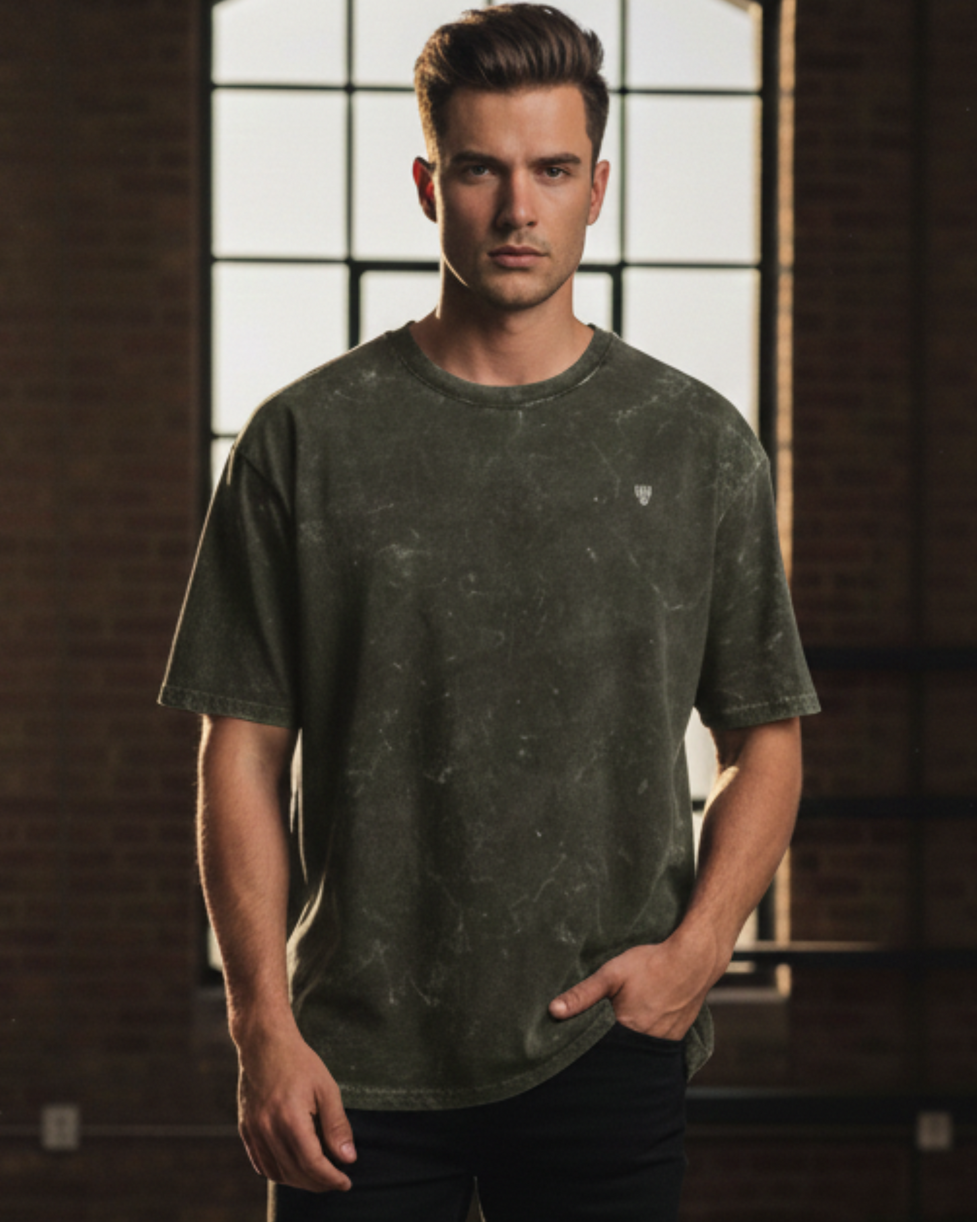 Olive Green Acid Washed Oversized Tee t-shirt oversized fit acid washed cotton fabric heavyweight fabric detail view by HAViT Apparel