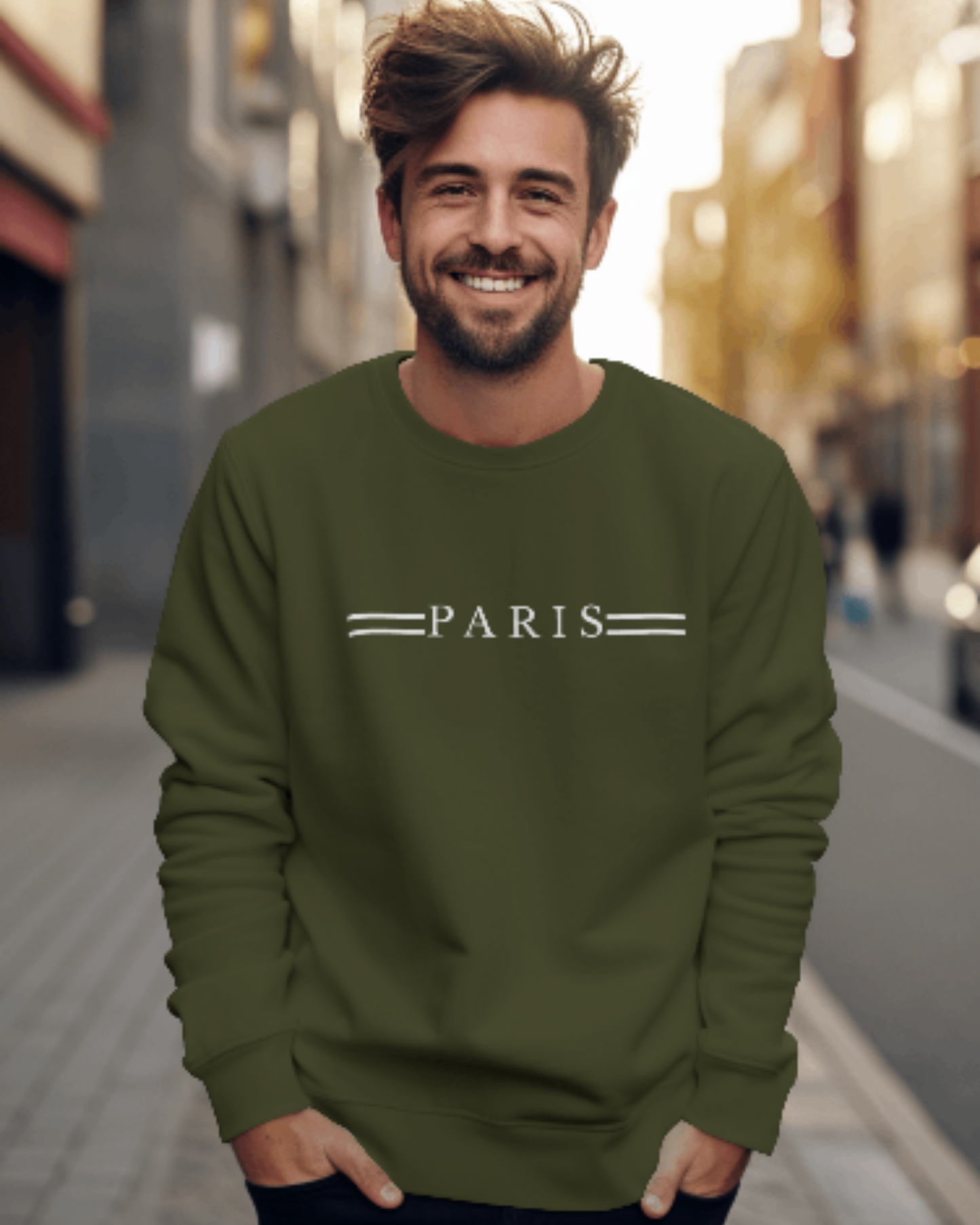 Men’s Paris Graphic Sweatshirt – Classic City Print sweatshirt regular fit cotton fabric heavyweight fabric graphic print printed design detail view by HAViT Apparel