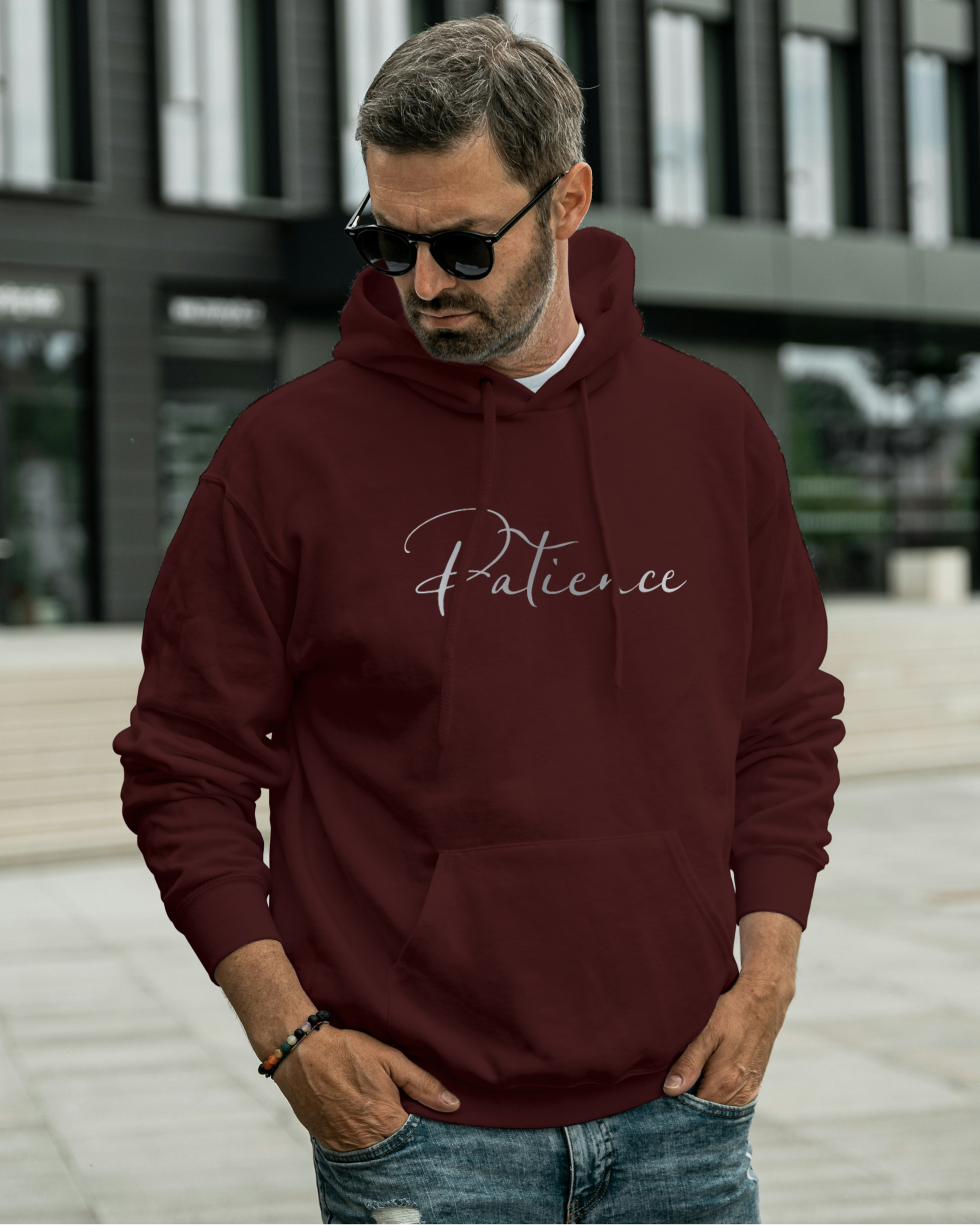 Patience Oversized Hoodie – Minimal Calm Edition hoodie oversized fit cotton fabric heavyweight fabric printed design detail view by HAViT Apparel
