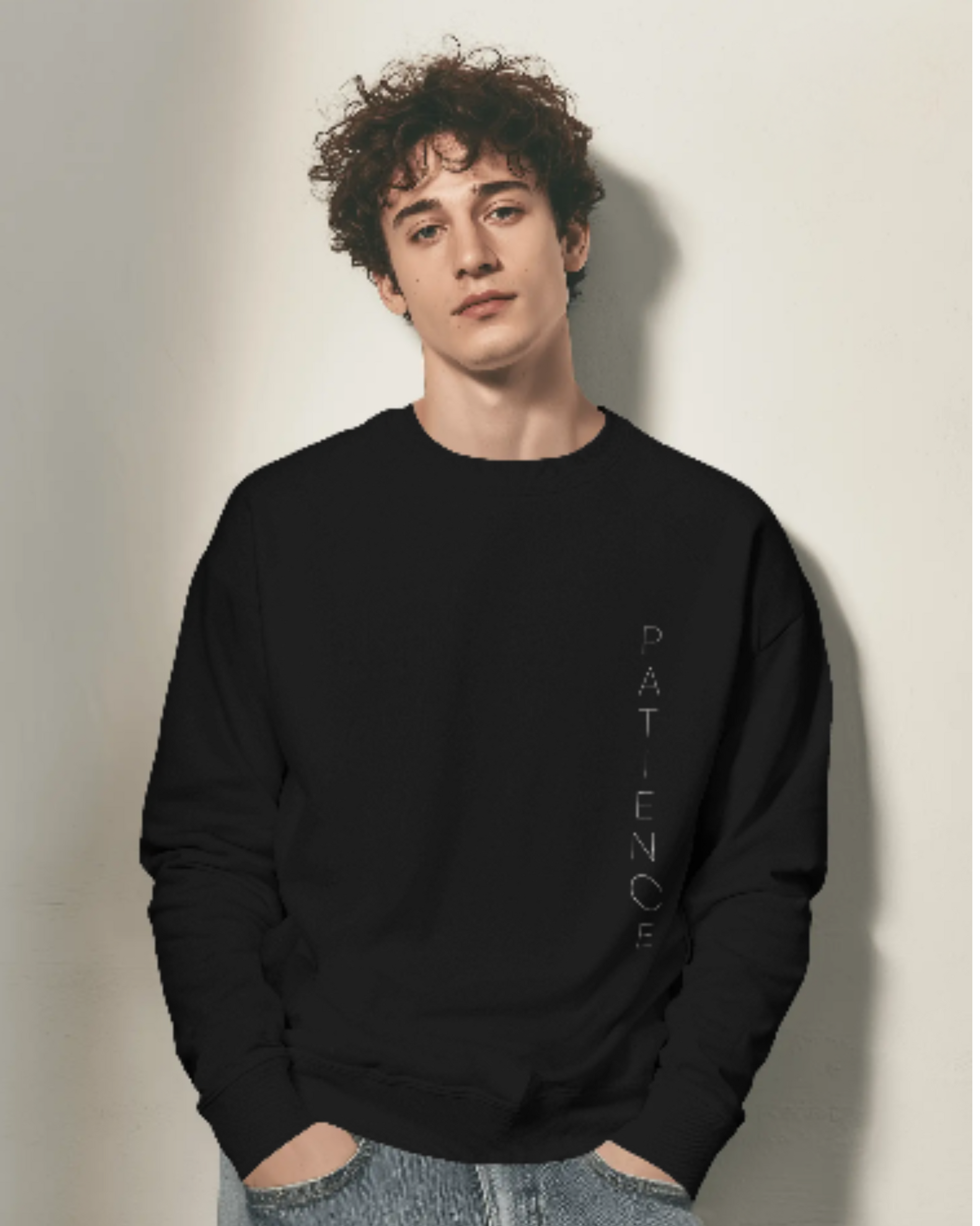 Patience Mode Oversized Sweatshirt sweatshirt oversized fit cotton fabric heavyweight fabric printed design detail view by HAViT Apparel