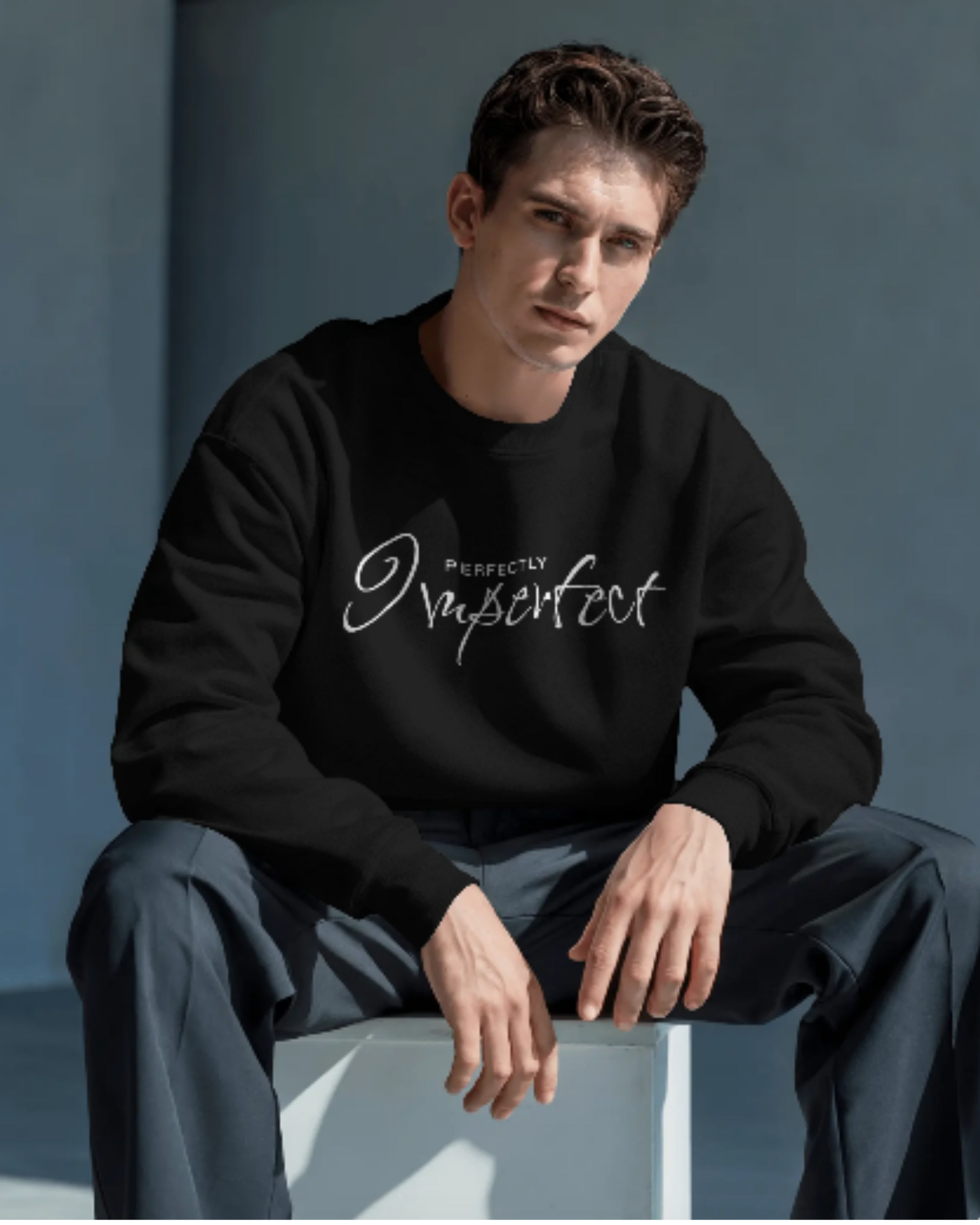 Perfectly Imperfect Graphic Sweatshirt for Men – Relaxed Fit sweatshirt oversized fit cotton fabric heavyweight fabric printed design detail view by HAViT Apparel