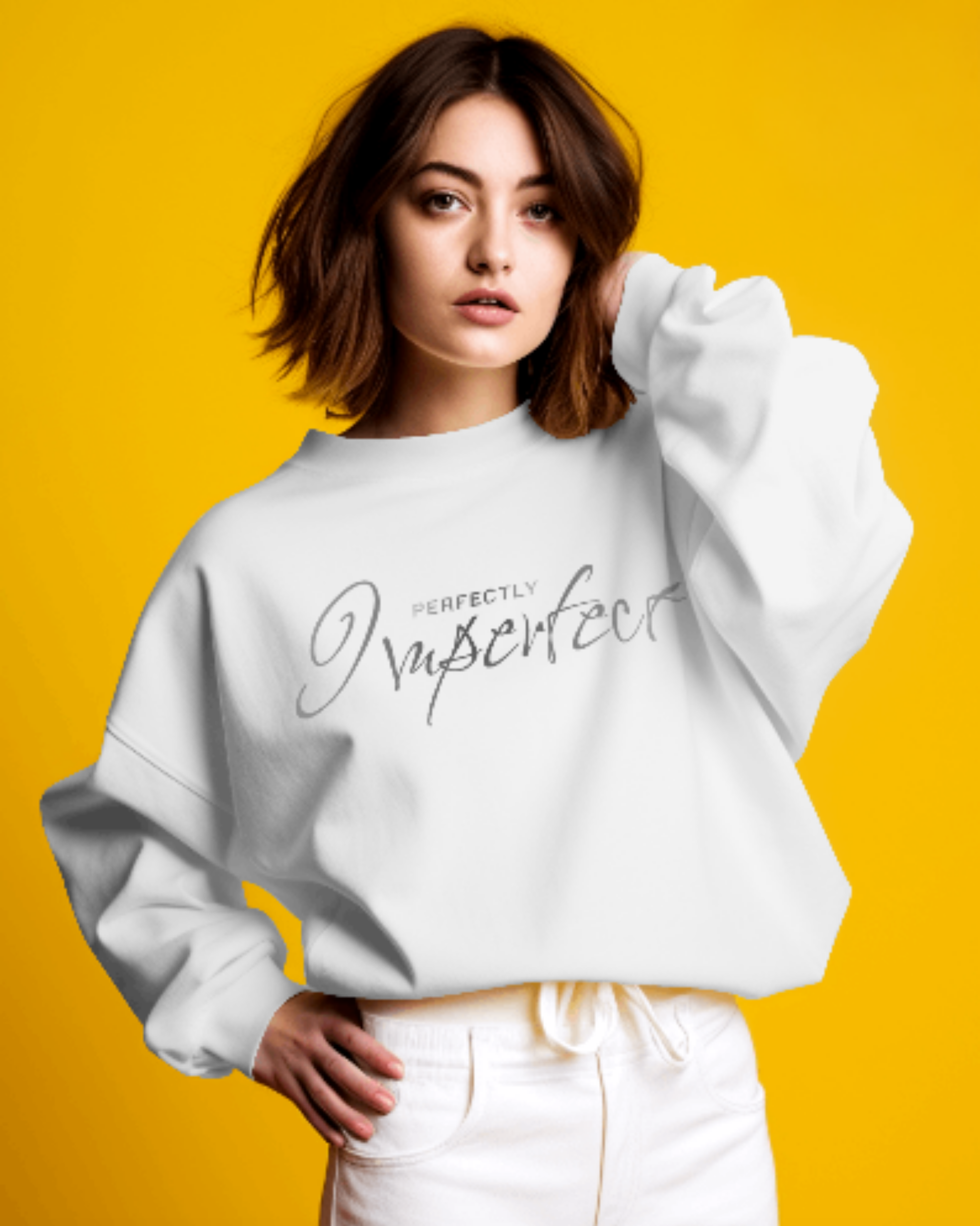 Women’s Oversized Perfectly Imperfect Sweatshirt – Minimal Aesthetic sweatshirt oversized fit cotton fabric heavyweight fabric printed design detail view by HAViT Apparel