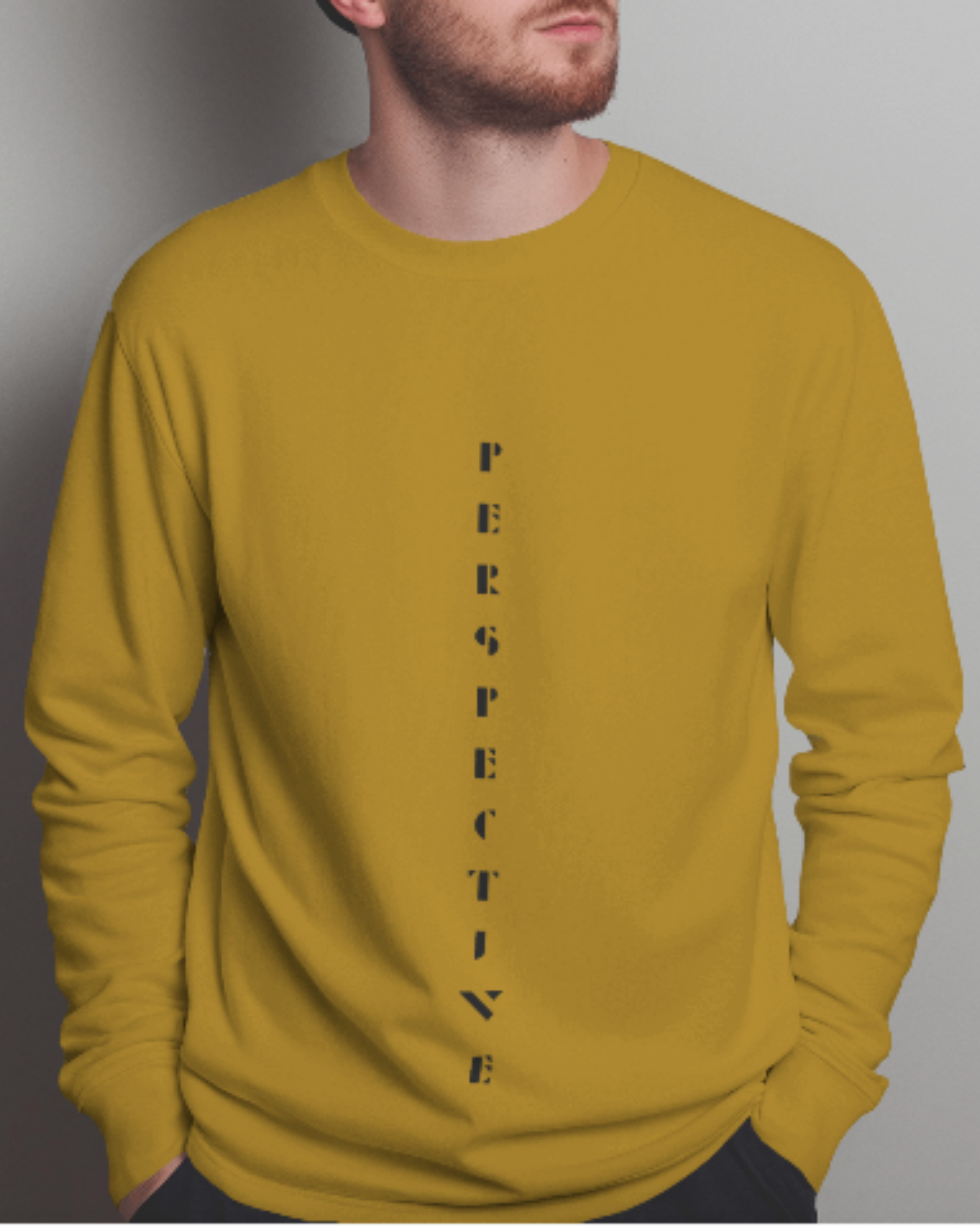 Men’s Regular Fit Sweatshirt – Perspective Text Dark Edition sweatshirt regular fit cotton fabric heavyweight fabric printed design detail view by HAViT Apparel