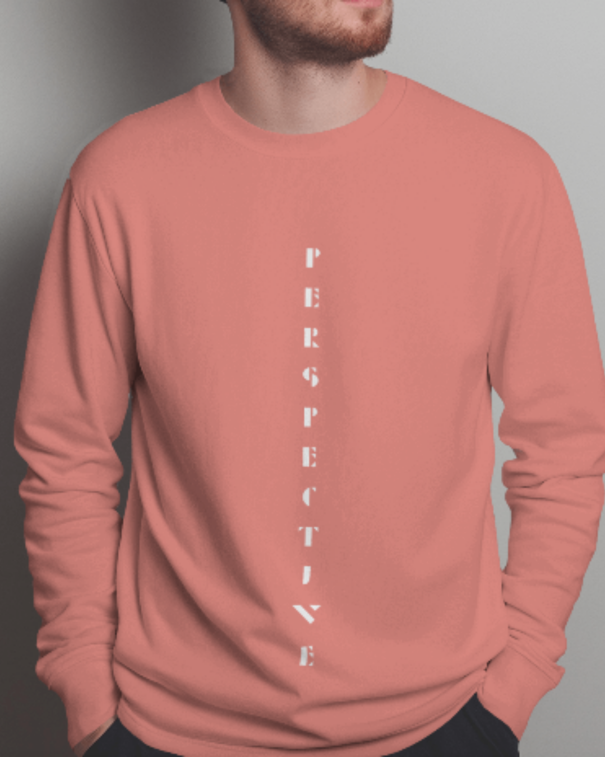 Men’s Regular Fit Sweatshirt – Perspective Text Graphic sweatshirt regular fit cotton fabric heavyweight fabric printed design detail view by HAViT Apparel