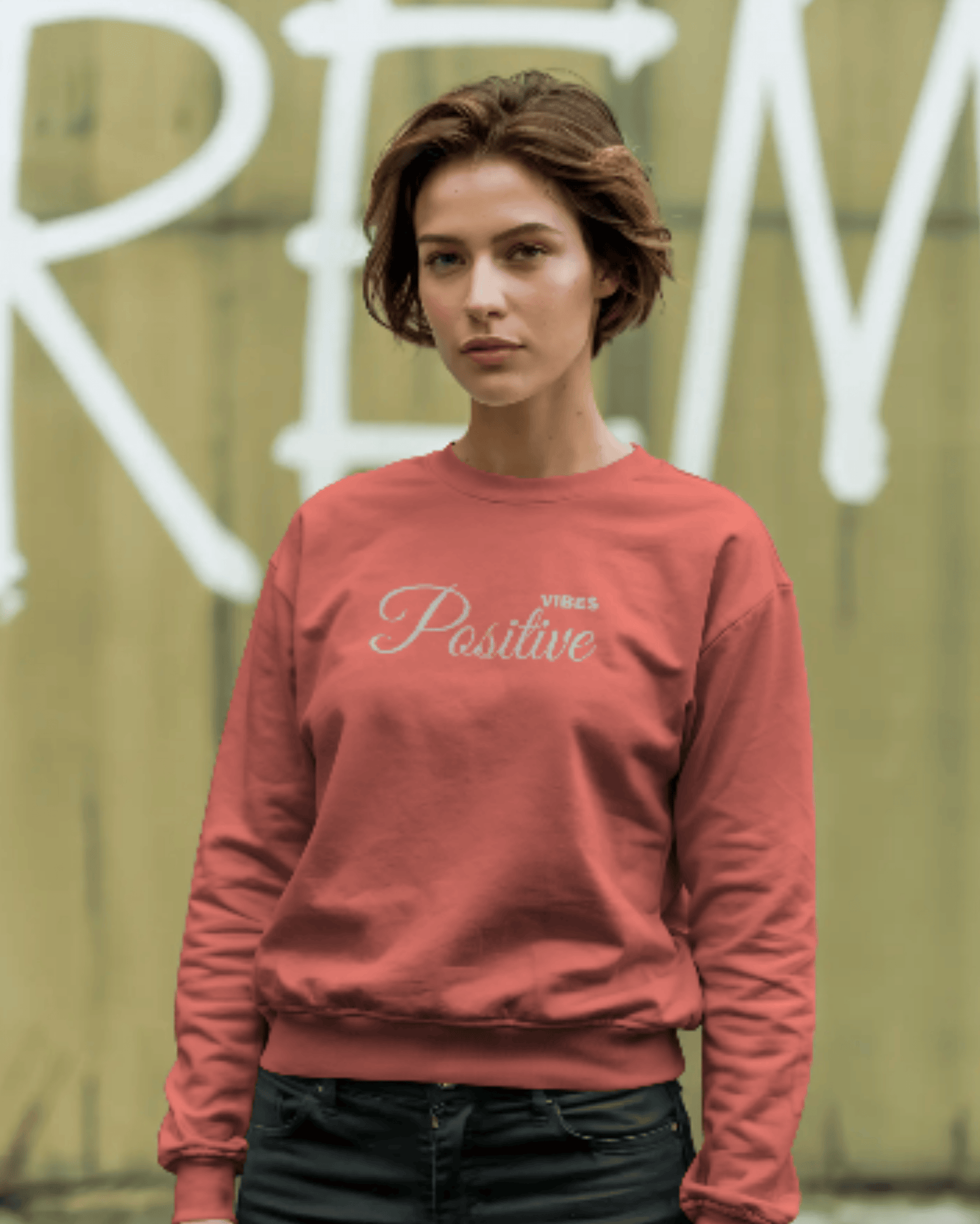 Positive Vibes Unisex Sweatshirt – Minimal Feel-Good Edition sweatshirt regular fit cotton fabric heavyweight fabric printed design detail view by HAViT Apparel