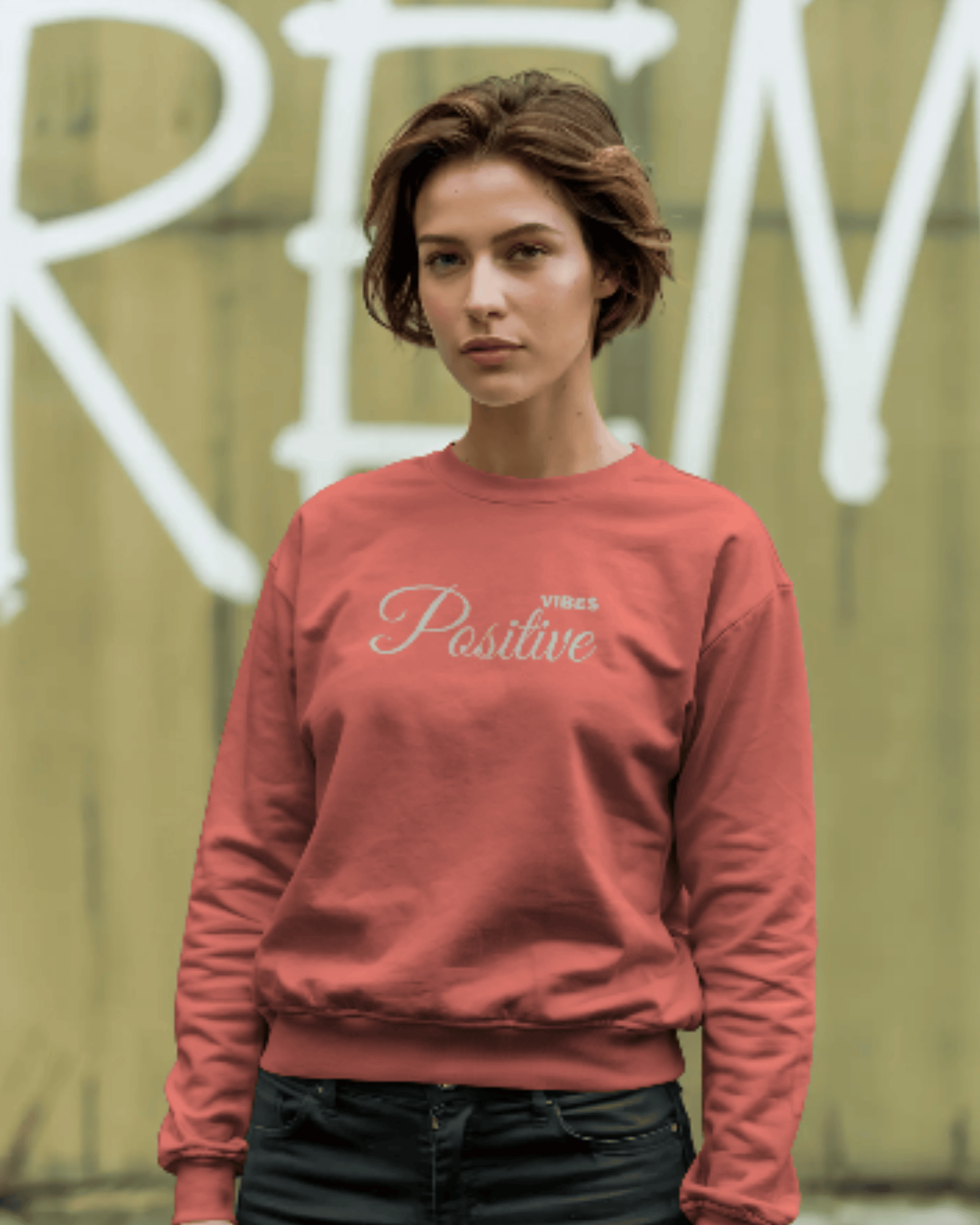 Positive Vibes Unisex Sweatshirt – Minimal Feel-Good Edition sweatshirt regular fit cotton fabric heavyweight fabric printed design detail view by HAViT Apparel