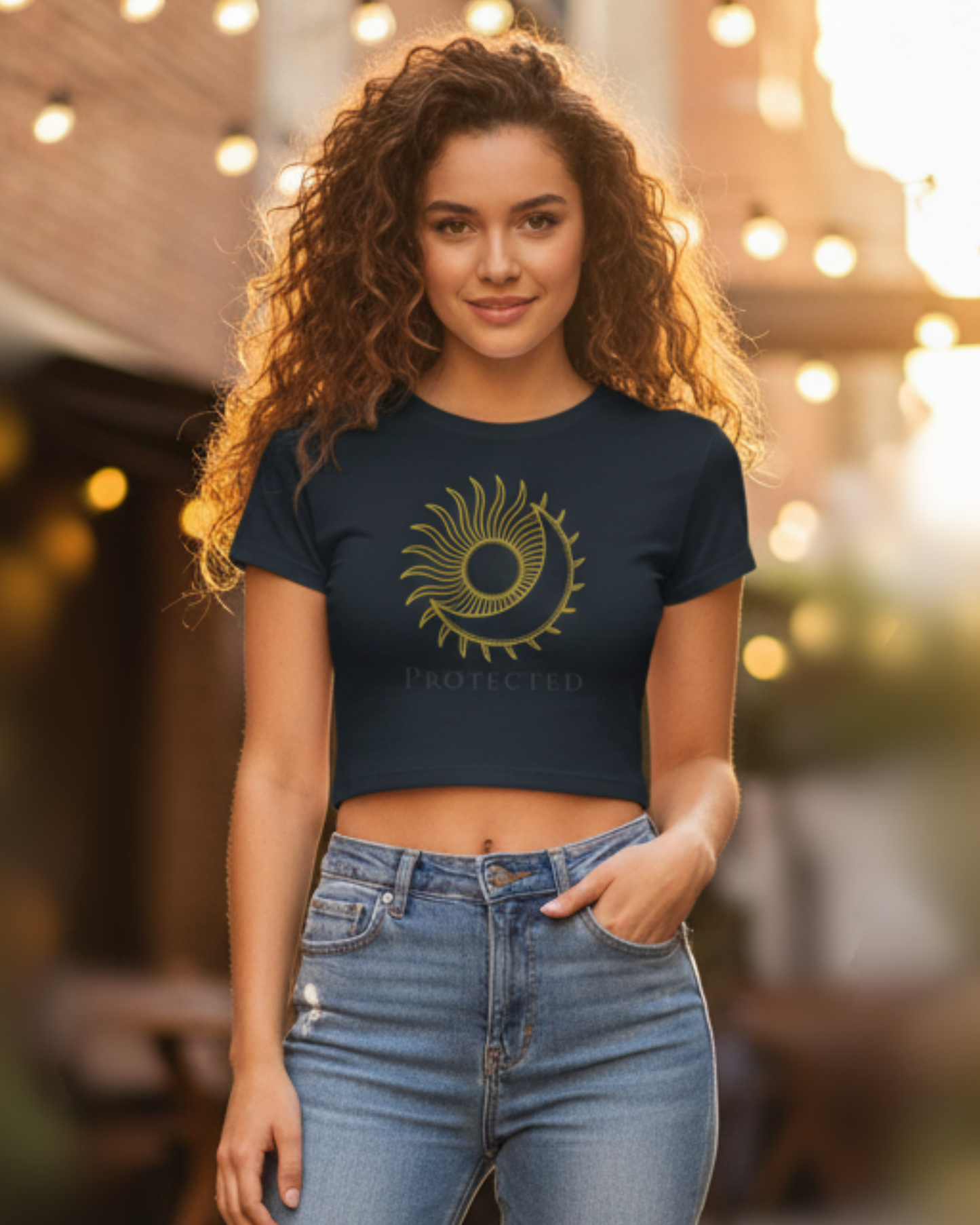 Celestial Guardian Baby Tee cotton fabric heavyweight fabric detail view by HAViT Apparel