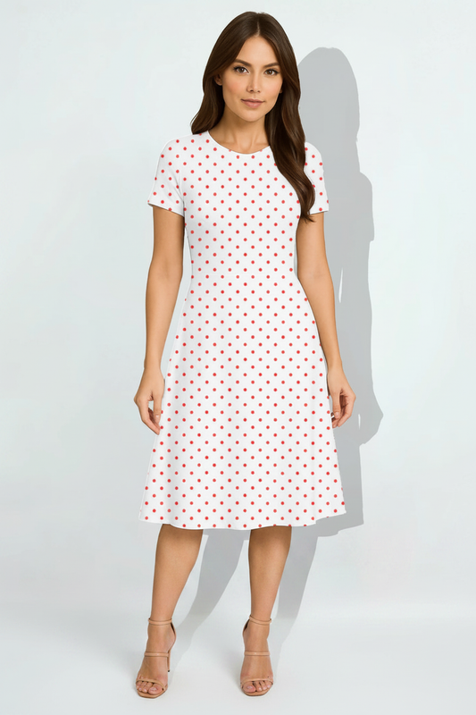Women's White A-Line Dress with Red Polka Dots Full Body View – HAViT Apparel