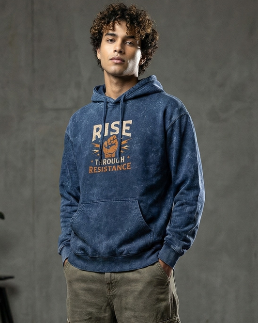 Rise Through Resistance- Acid Washed Hoodie hoodie oversized fit acid washed cotton fabric heavyweight fabric detail view by HAViT Apparel