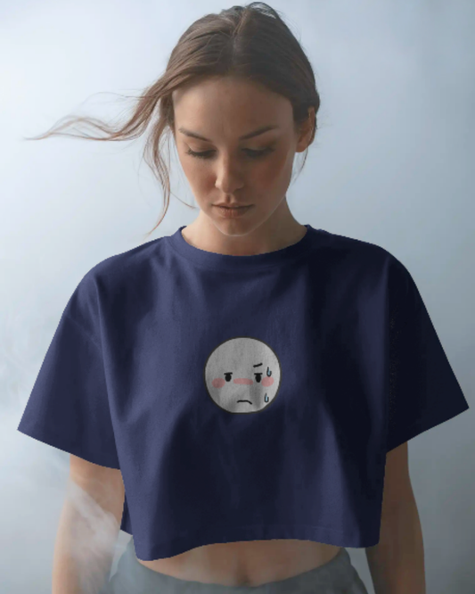 Annoyed Smiley Crop Top cotton fabric heavyweight fabric detail view by HAViT Apparel