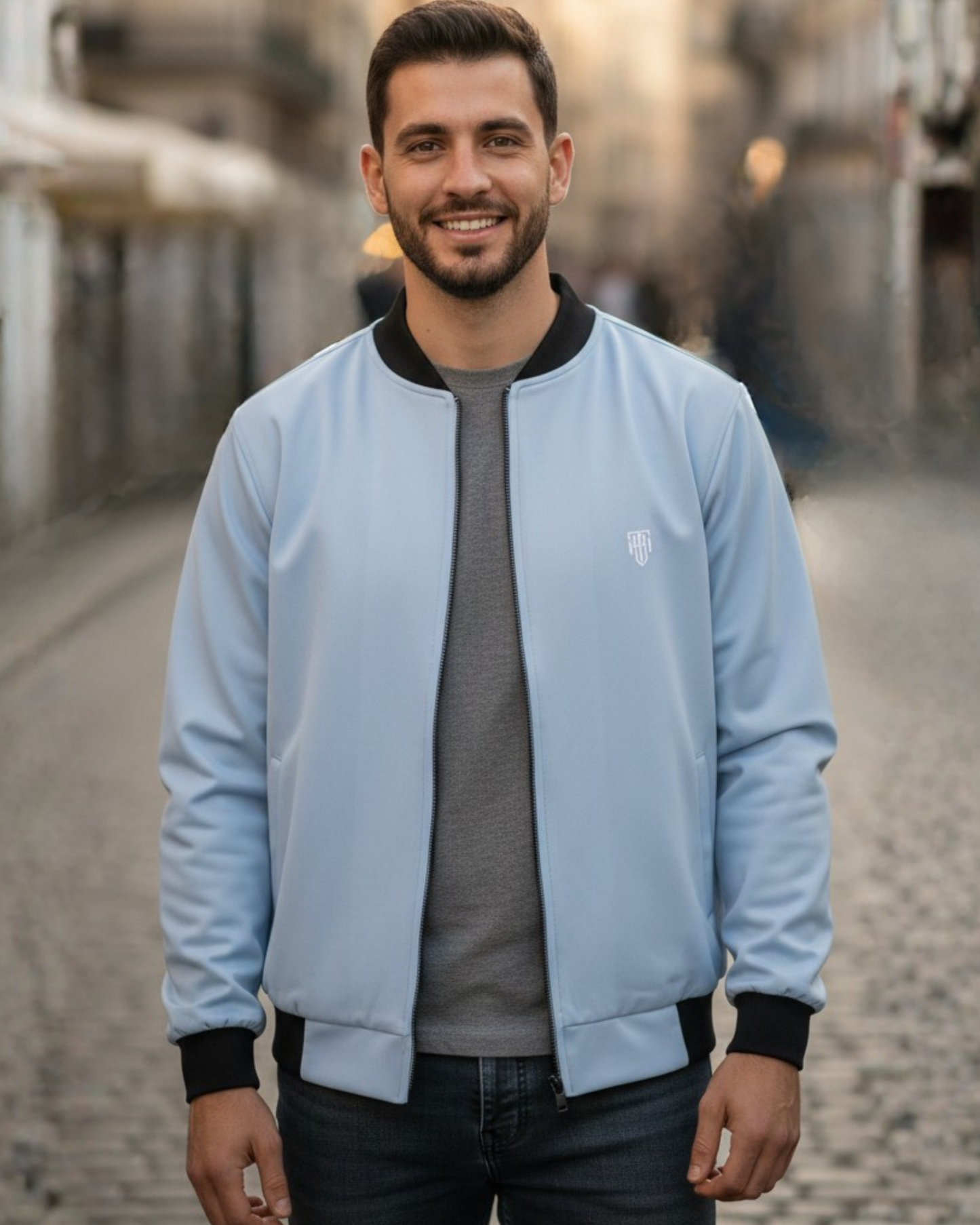 Ice Blue Bomber Jacket – Soft & Aesthetic jacket regular fit heavyweight fabric printed design detail view by HAViT Apparel