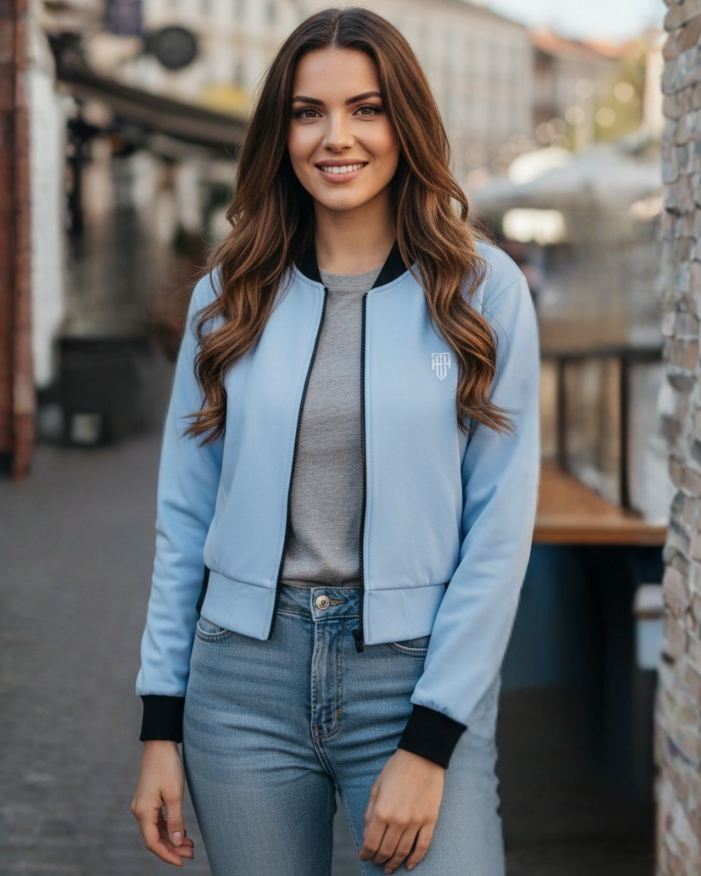 Soft Ice Blue Aesthetic Women’s Bomber jacket regular fit heavyweight fabric printed design detail view by HAViT Apparel