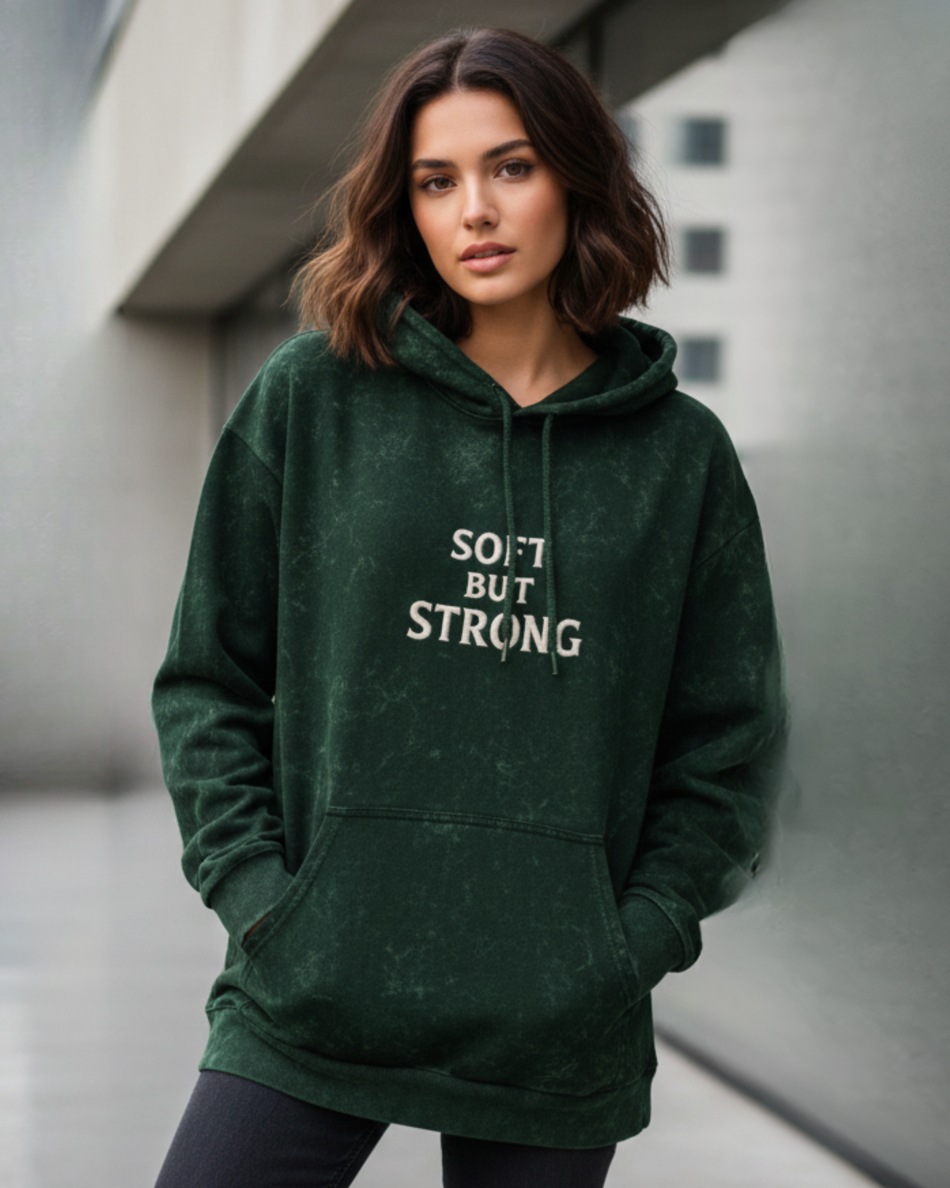 Soft But Strong- Acid Washed Hoodie hoodie oversized fit acid washed cotton fabric heavyweight fabric printed design detail view by HAViT Apparel