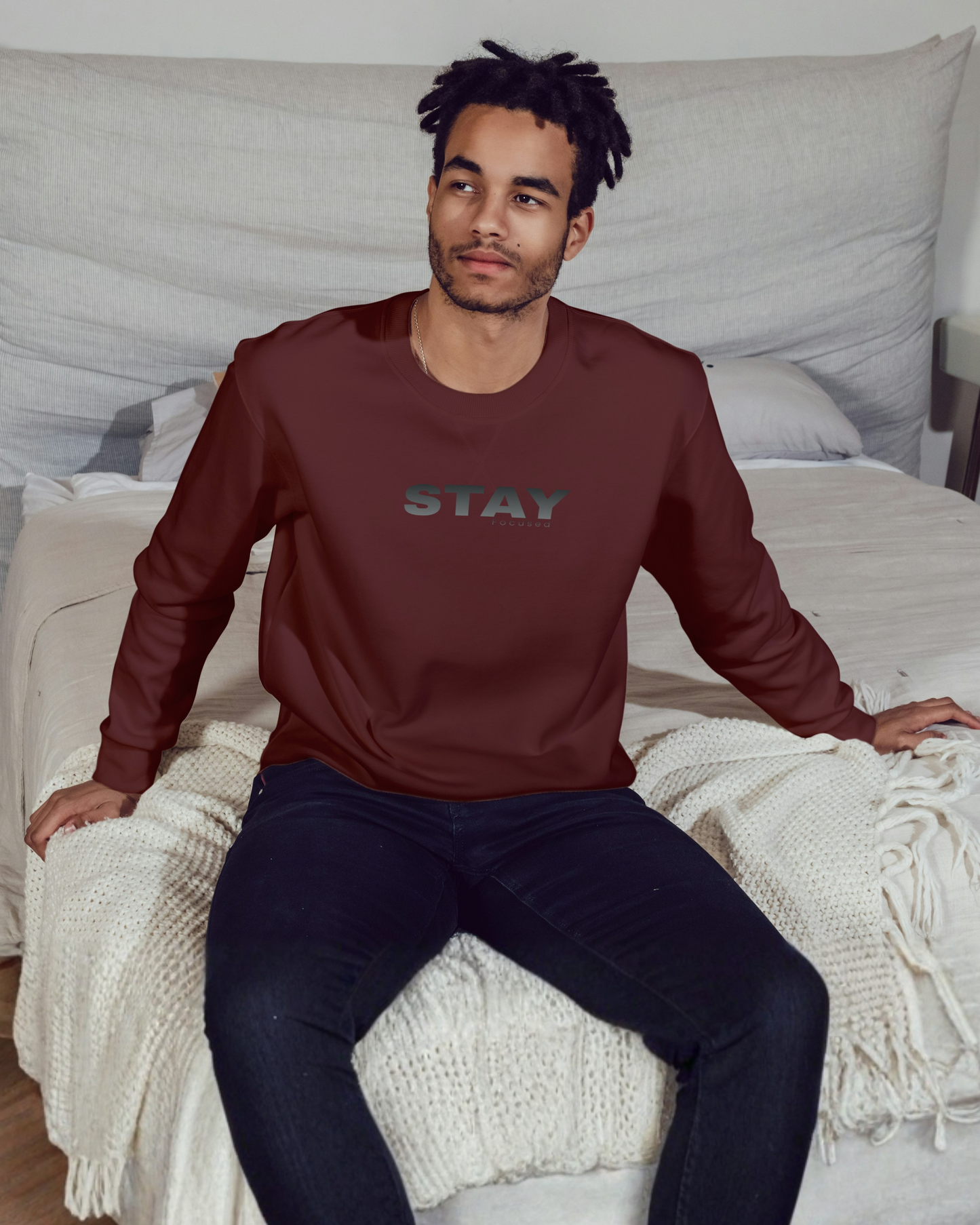 Stay Focus Sweatshirt – Minimal Motivation Edition sweatshirt regular fit cotton fabric heavyweight fabric detail view by HAViT Apparel