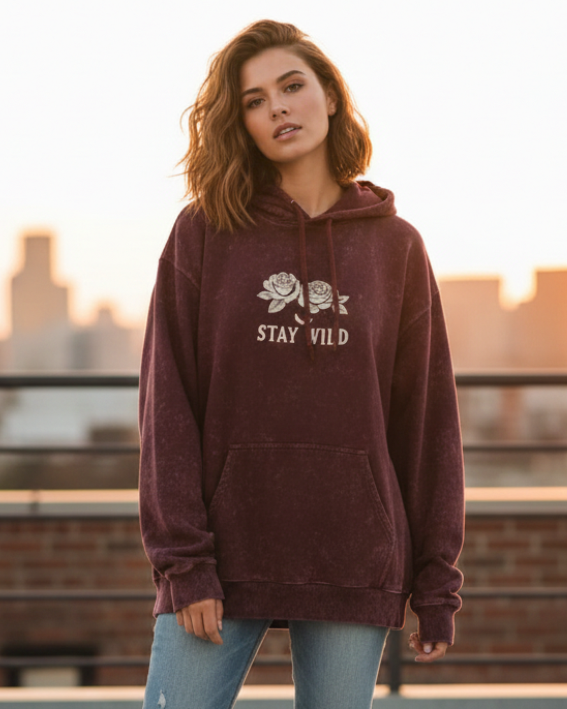 Stay Wild- Acid Washed Hoodie hoodie oversized fit acid washed cotton fabric heavyweight fabric printed design detail view by HAViT Apparel