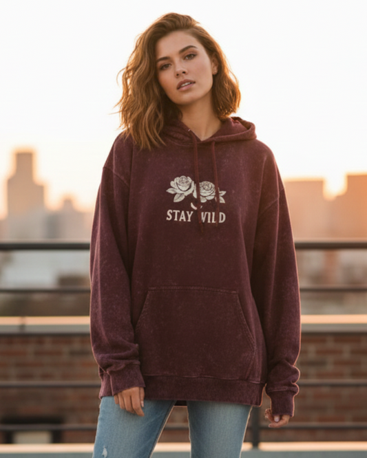 Stay Wild- Acid Washed Hoodie hoodie oversized fit acid washed cotton fabric heavyweight fabric printed design detail view by HAViT Apparel