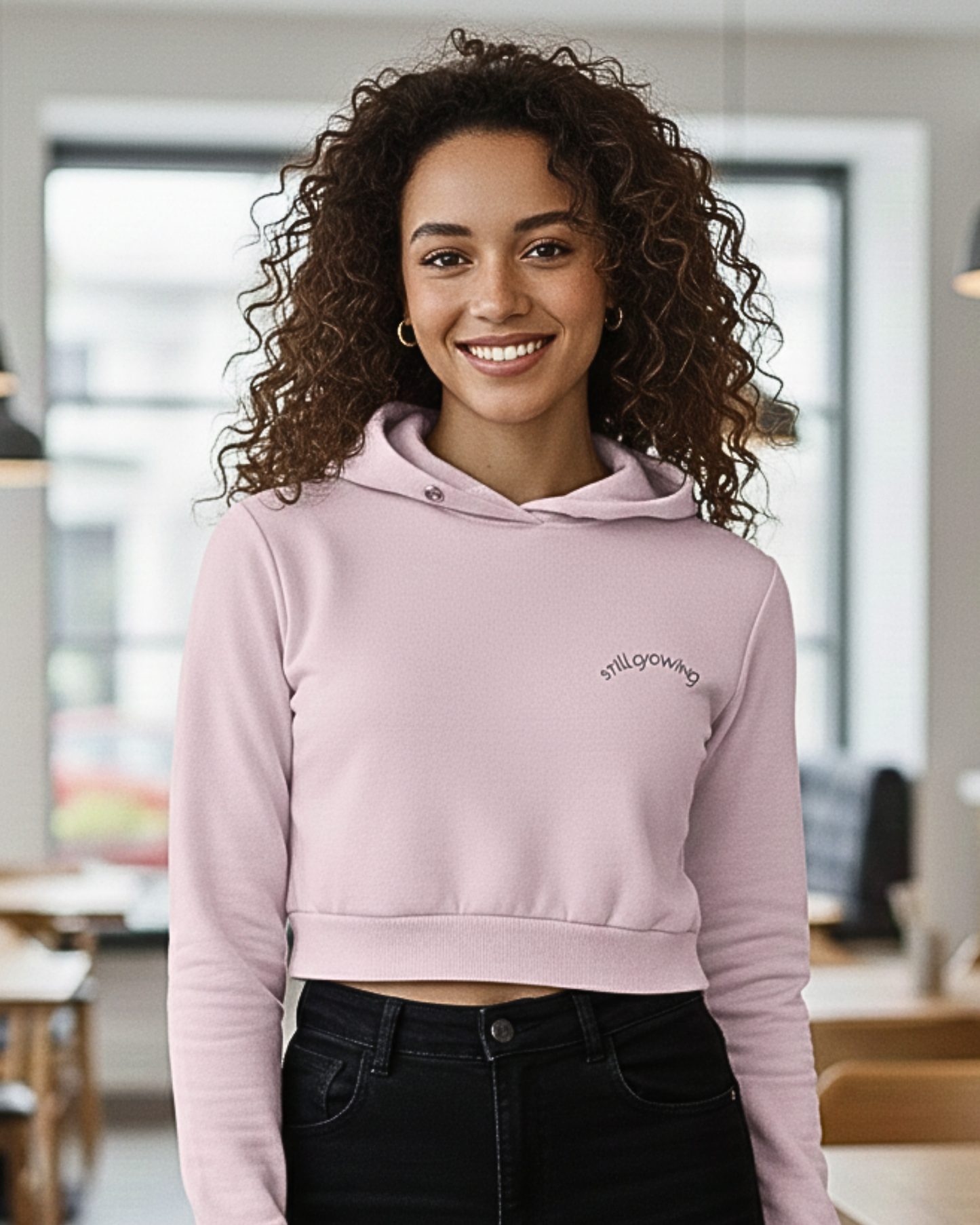 Still Growing Cropped Hoodie – Left Pocket Curve Print hoodie cotton fabric heavyweight fabric graphic print printed design detail view by HAViT Apparel
