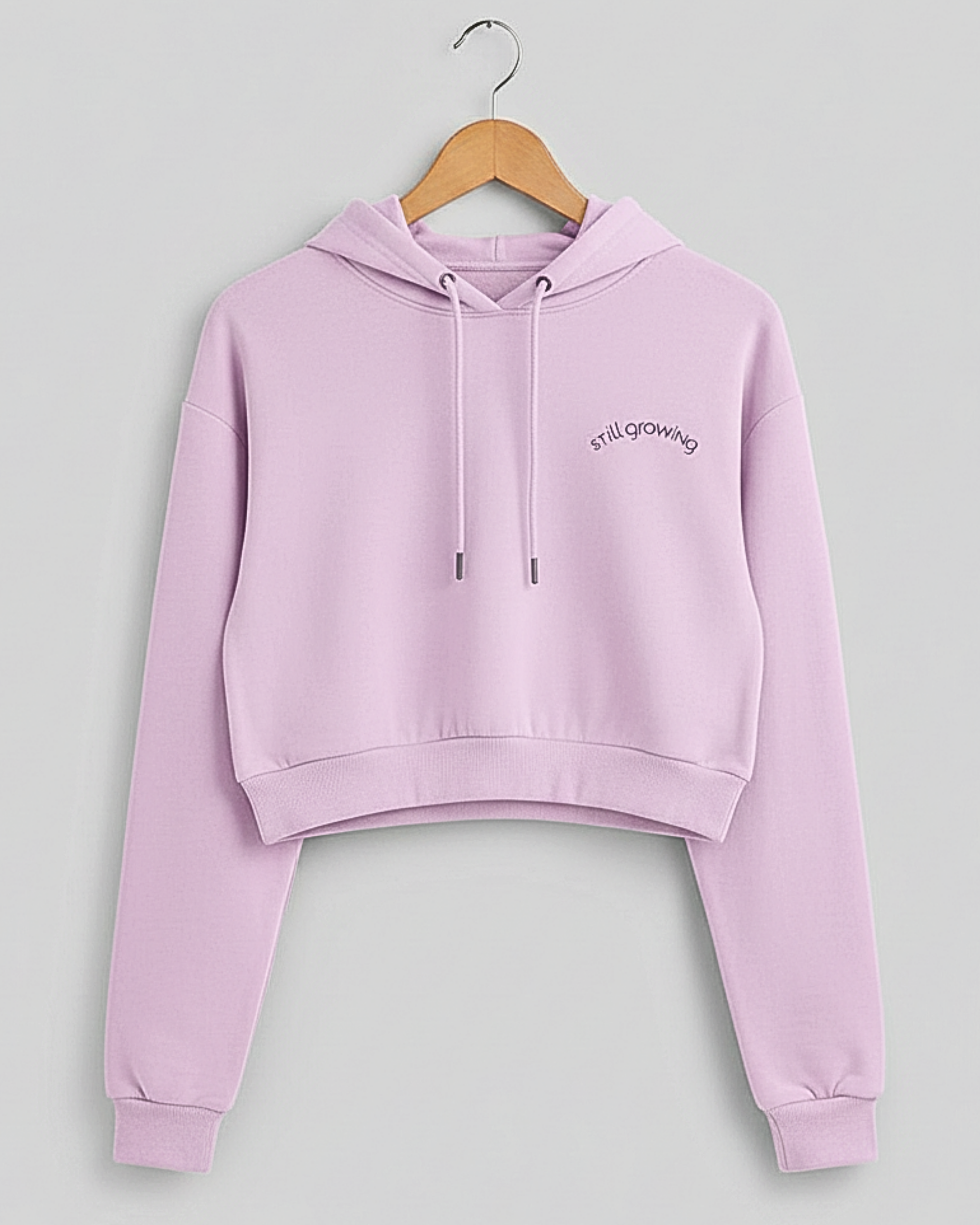 Still Growing Cropped Hoodie – Left Pocket Curve Print hoodie cotton fabric heavyweight fabric graphic print printed design detail view by HAViT Apparel
