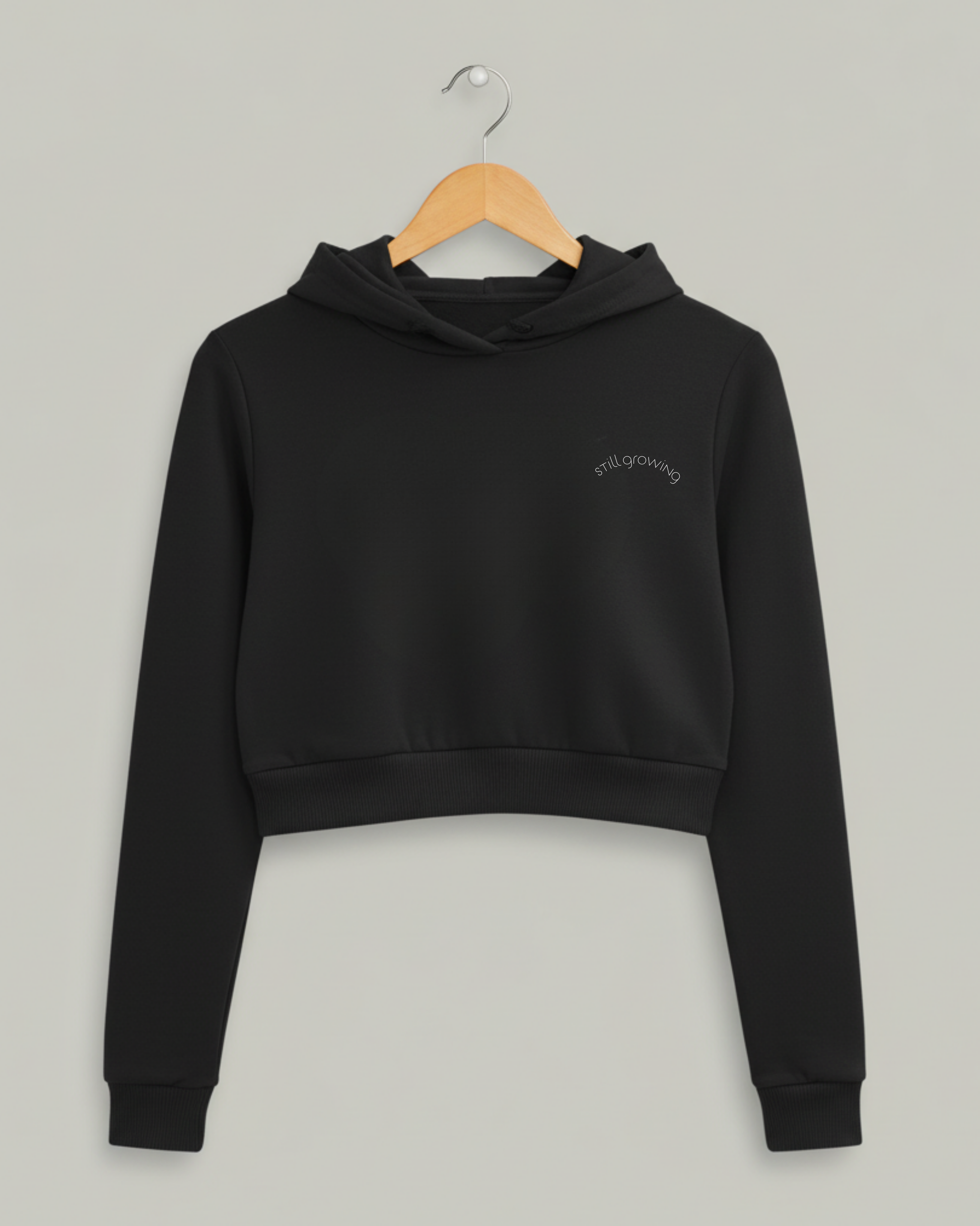 Still Growing Cropped Hoodie – Left Pocket Curve Print hoodie cotton fabric heavyweight fabric graphic print printed design detail view by HAViT Apparel