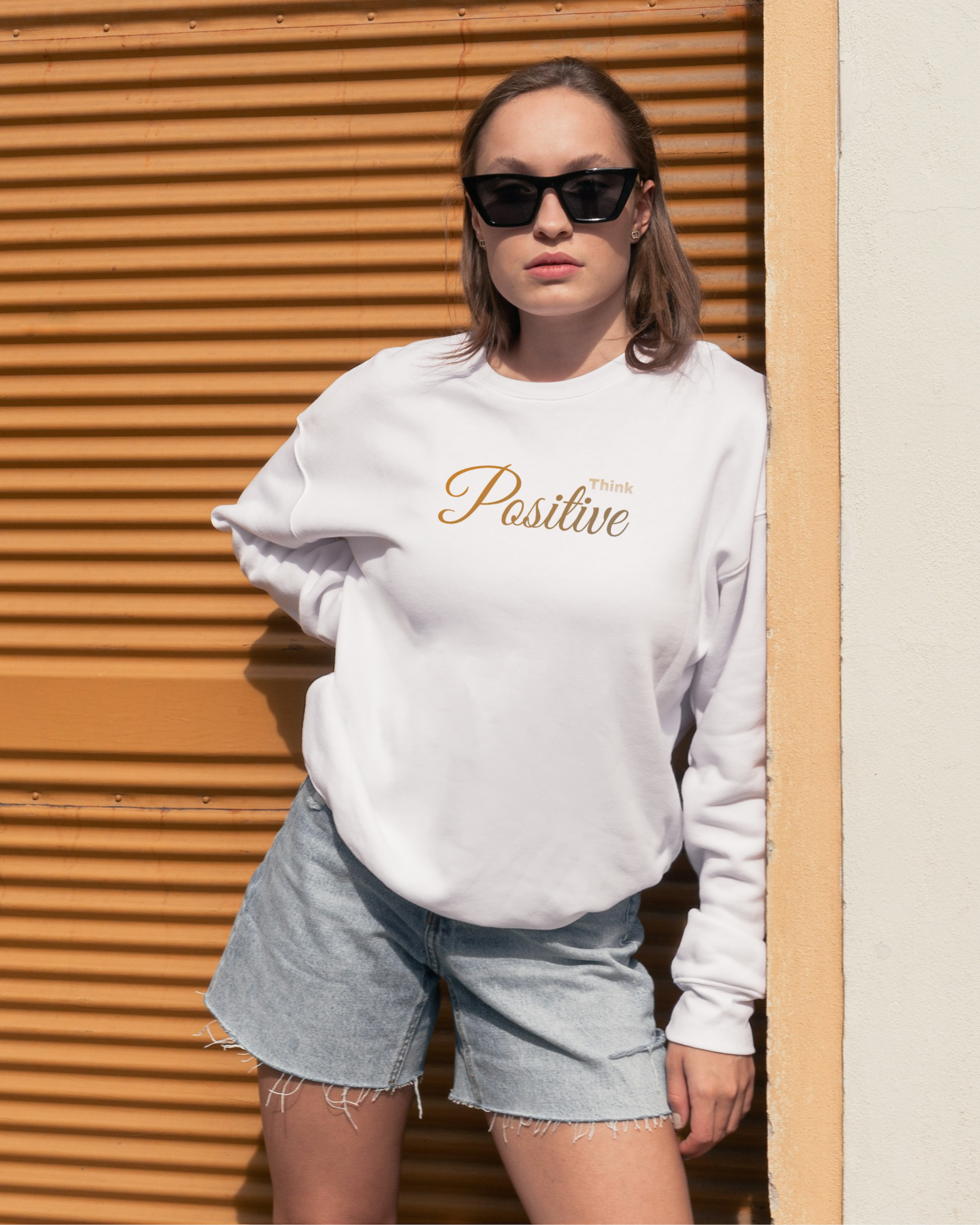 Think Positive Sweatshirt – Minimal Motivation Edition sweatshirt regular fit cotton fabric heavyweight fabric printed design detail view by HAViT Apparel