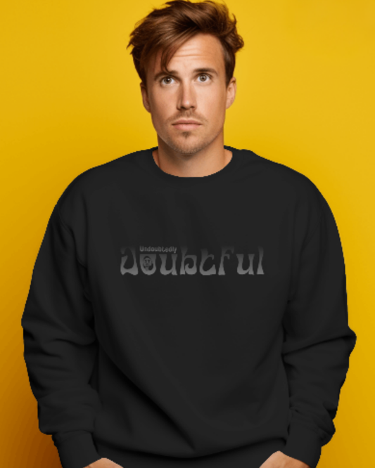 Oversized Men’s Graphic Sweatshirt – Undoubtedly Doubtful Typography sweatshirt oversized fit cotton fabric heavyweight fabric printed design detail view by HAViT Apparel