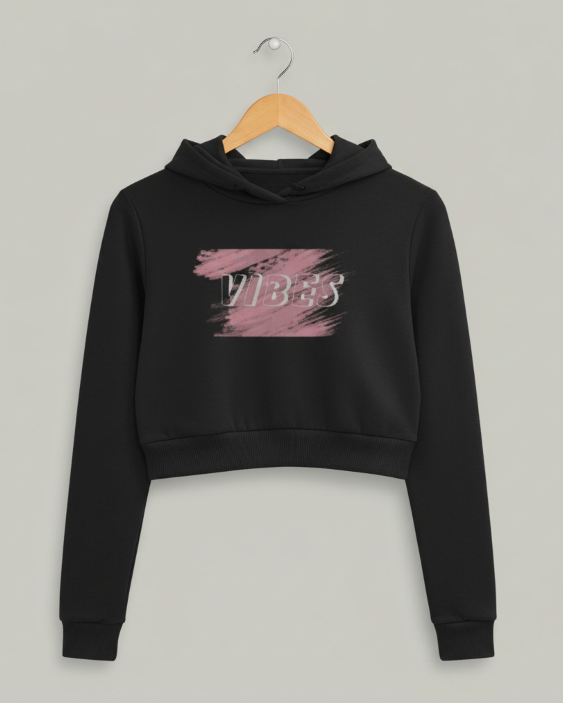 Vibes Cropped Hoodie – Brush Stroke Graphic Print hoodie cotton fabric heavyweight fabric graphic print printed design detail view by HAViT Apparel