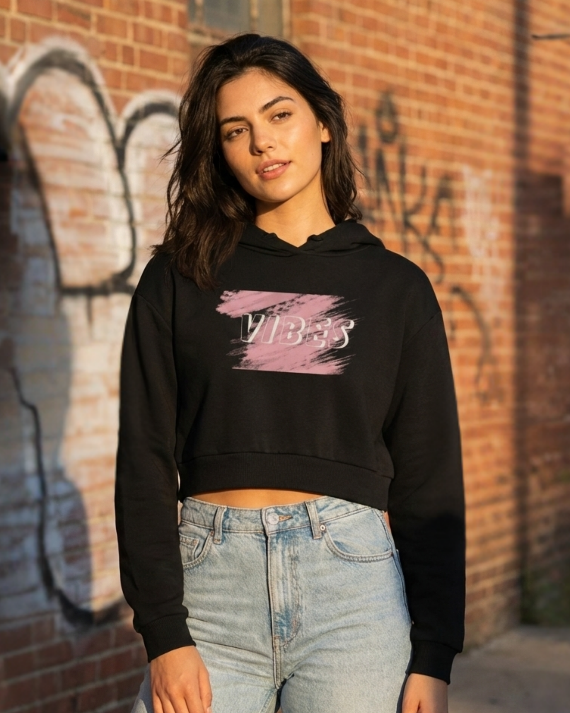 Vibes Cropped Hoodie – Brush Stroke Graphic Print hoodie cotton fabric heavyweight fabric graphic print printed design detail view by HAViT Apparel