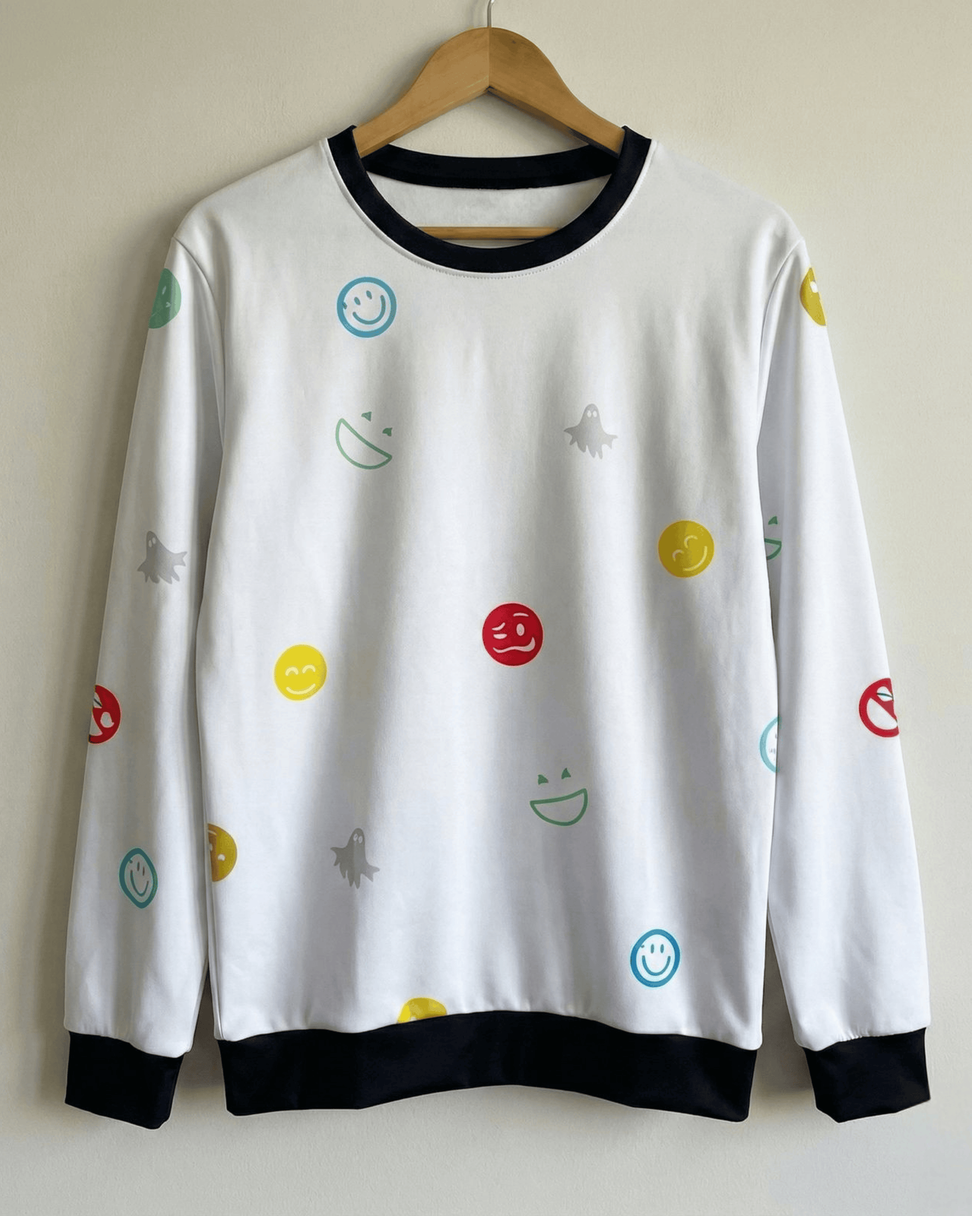 Playful Emoji Pattern Women's Sweatshirt - Classic White sweatshirt regular fit heavyweight fabric printed design detail view by HAViT Apparel