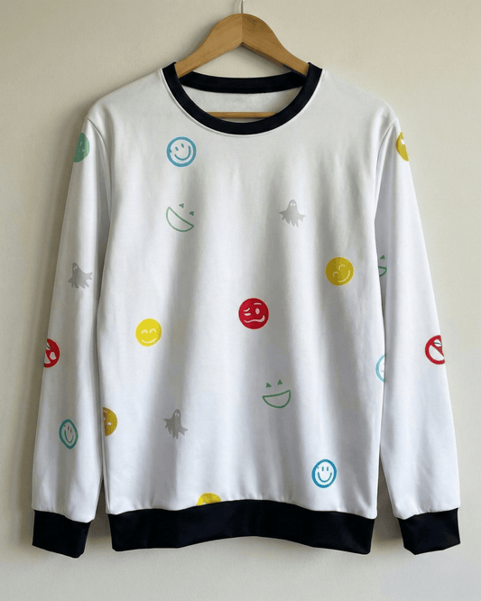 Playful Emoji Pattern Women's Sweatshirt - Classic White sweatshirt regular fit heavyweight fabric printed design detail view by HAViT Apparel
