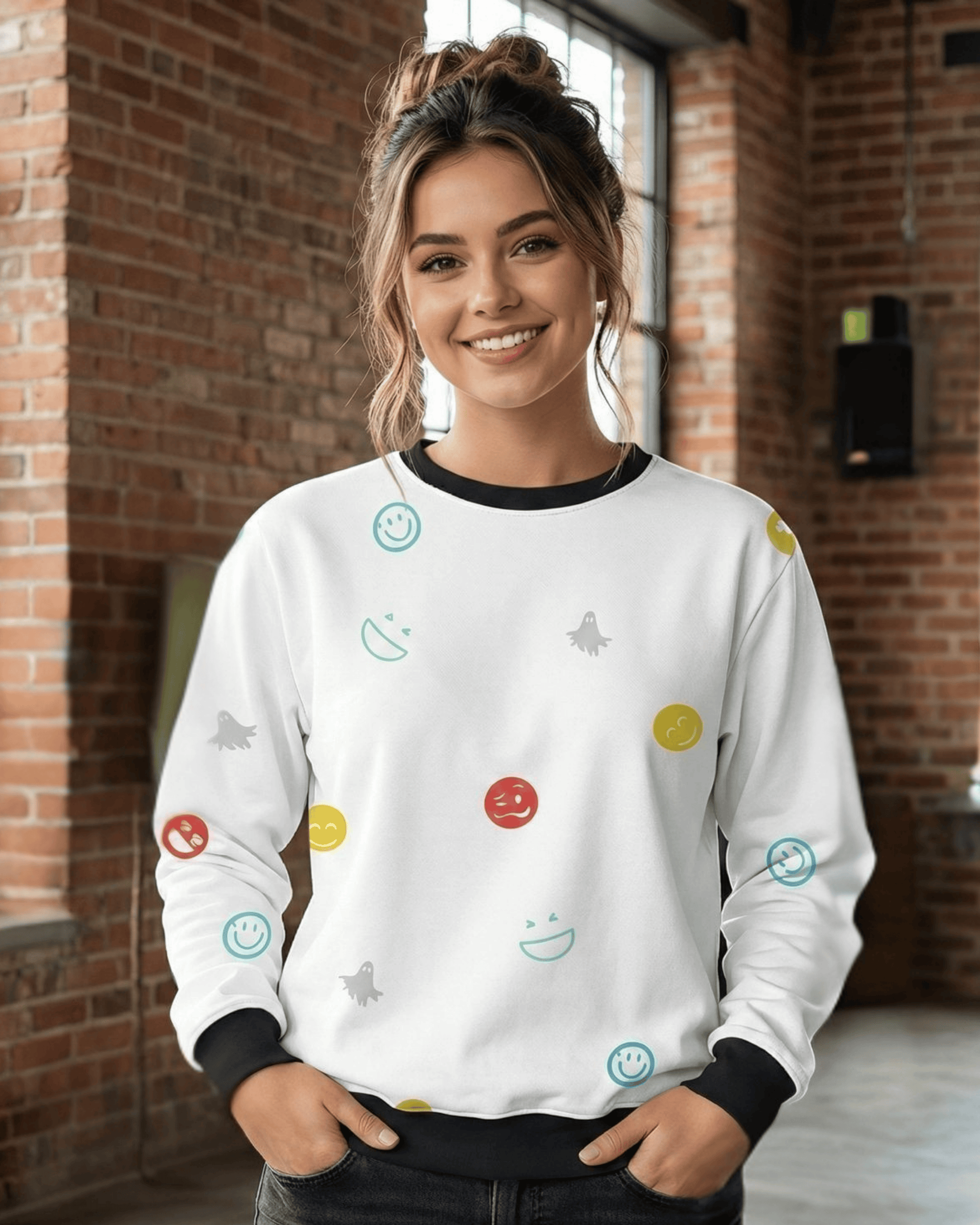 Playful Emoji Pattern Women's Sweatshirt - Classic White sweatshirt regular fit heavyweight fabric printed design detail view by HAViT Apparel