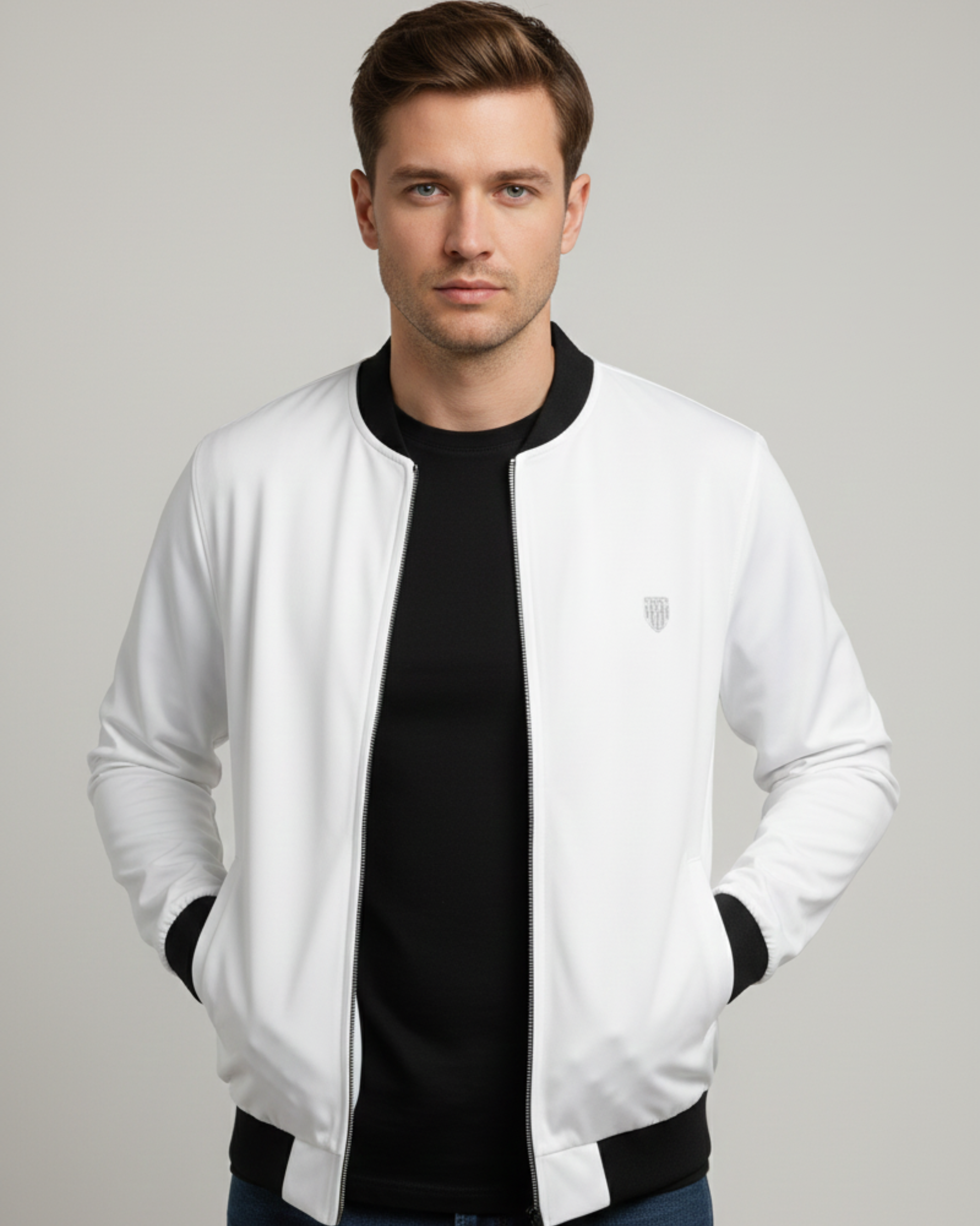 Men's Classic White Bomber Jacket jacket regular fit heavyweight fabric printed design detail view by HAViT Apparel