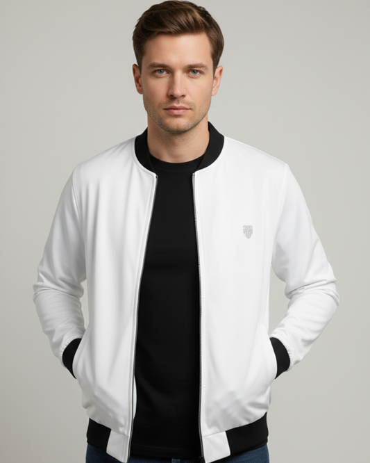 Men's Classic White Bomber Jacket jacket regular fit heavyweight fabric printed design detail view by HAViT Apparel