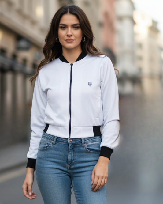 Women's Classic White Bomber Jacket jacket regular fit heavyweight fabric printed design detail view by HAViT Apparel