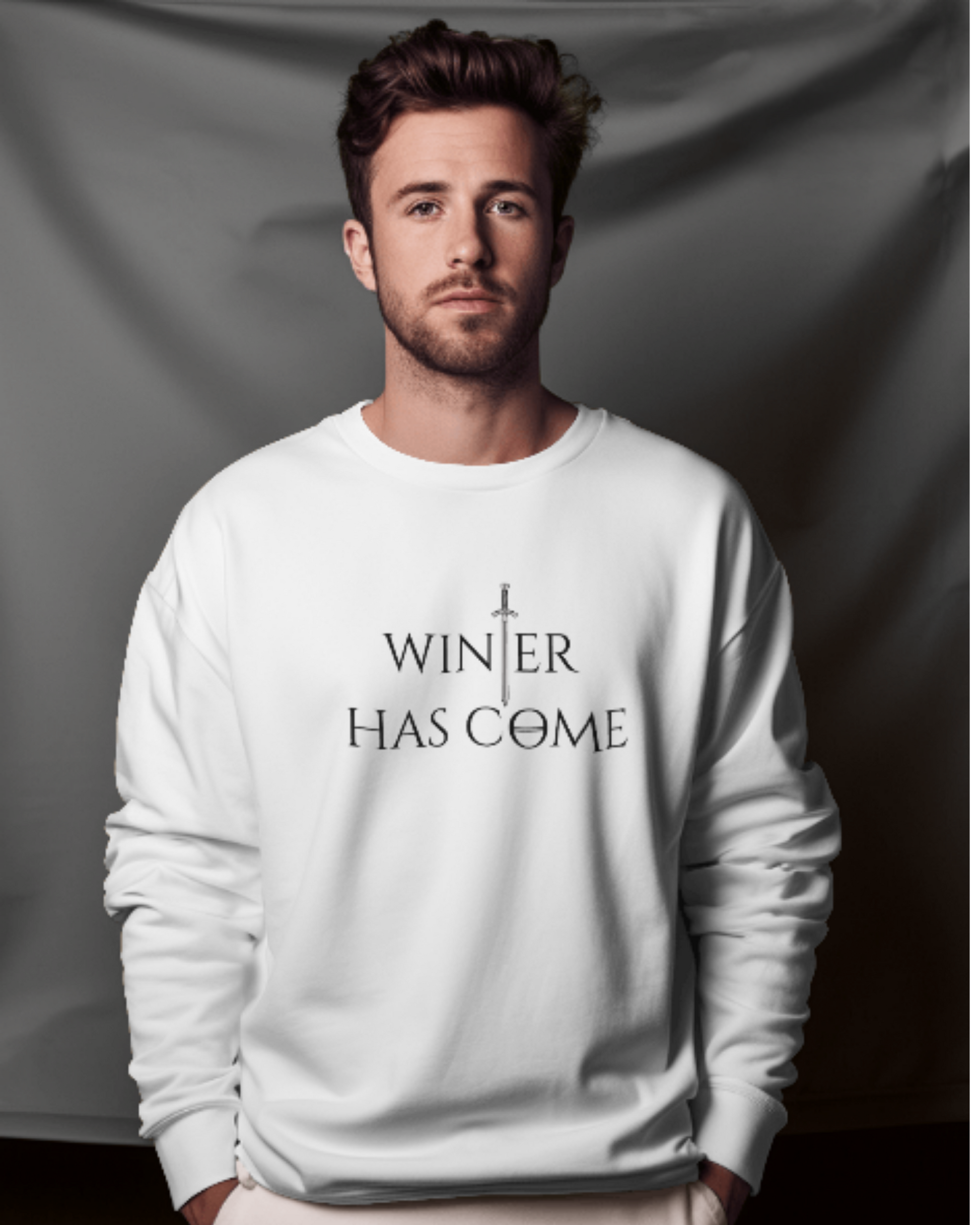 Winter Has Come Dark Edition Men's Oversized Sweatshirt – Cool Winter Graphic sweatshirt oversized fit cotton fabric heavyweight fabric graphic print printed design detail view by HAViT Apparel
