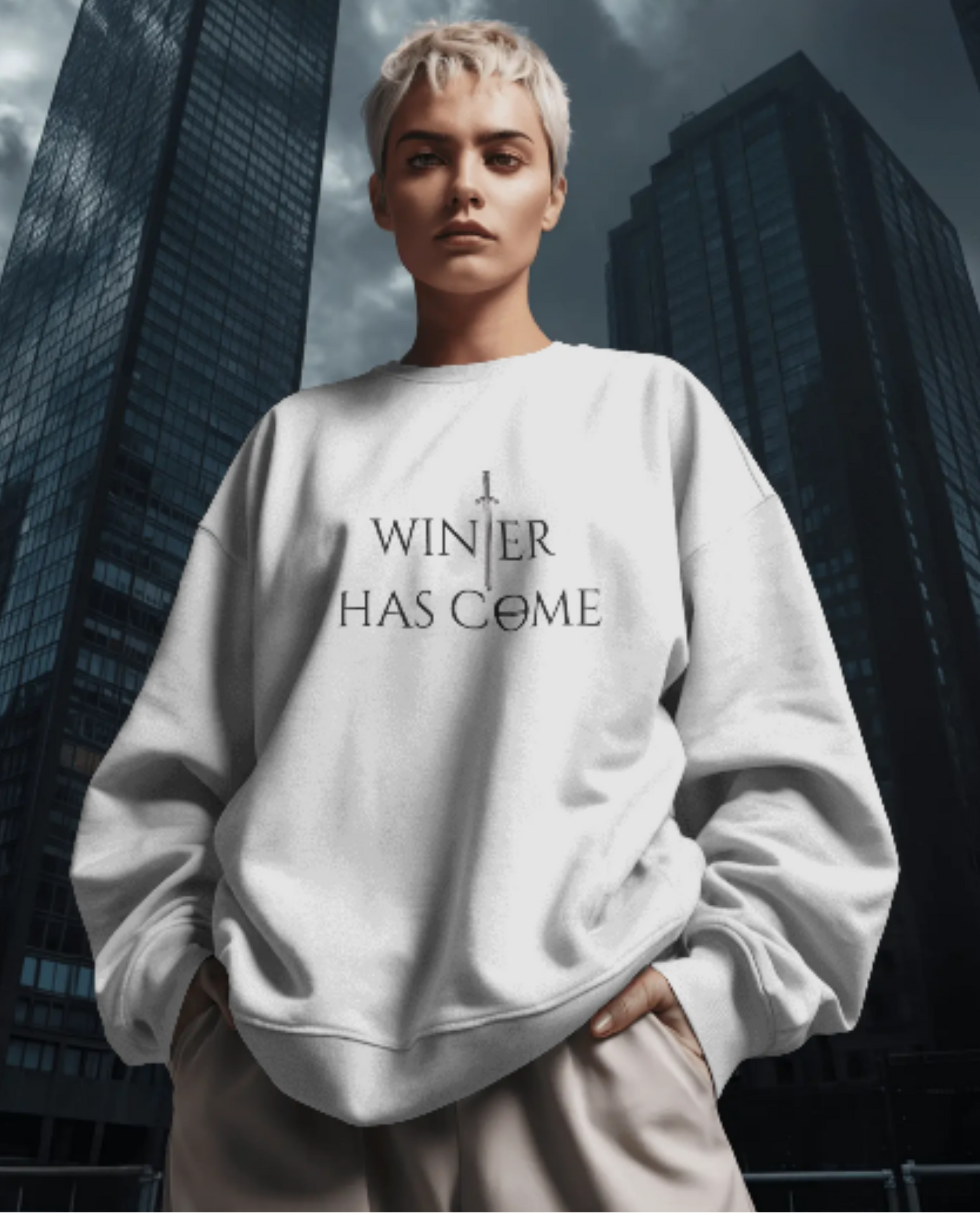Winter Has Come Women's Oversized Sweatshirt – Cool Winter Dark Edition Graphic sweatshirt oversized fit cotton fabric heavyweight fabric graphic print printed design detail view by HAViT Apparel