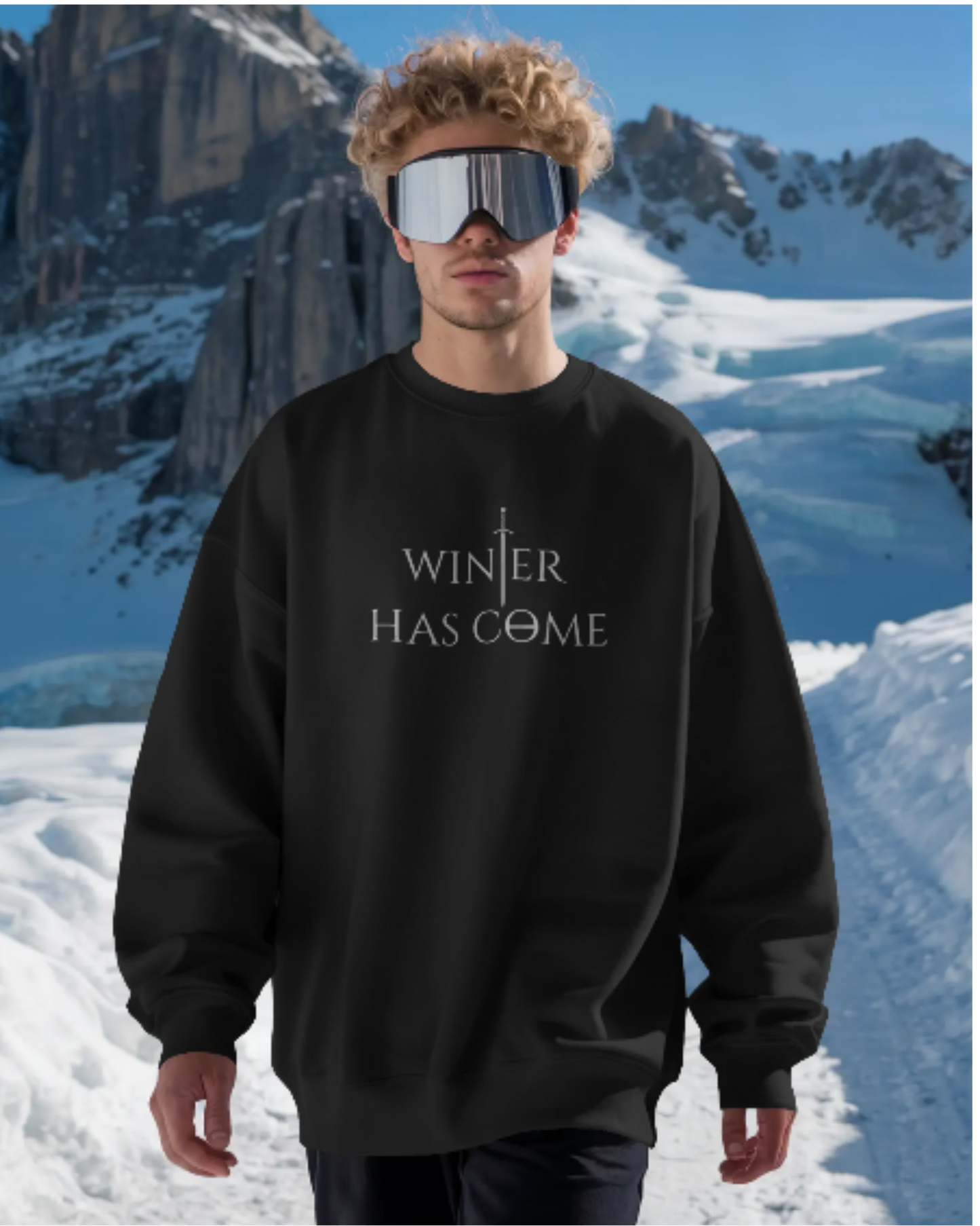 Winter Has Come Men's Oversized Sweatshirt – Cool Winter Graphic sweatshirt oversized fit cotton fabric heavyweight fabric graphic print printed design detail view by HAViT Apparel