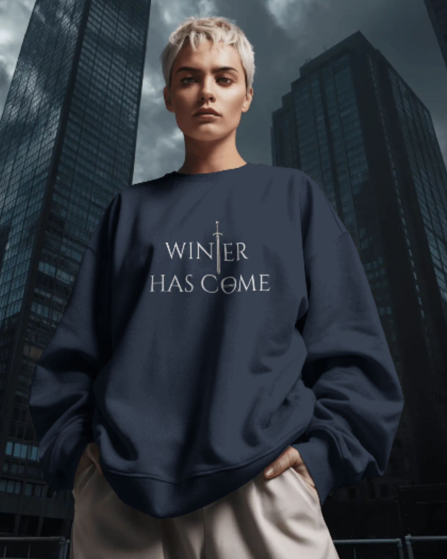 Winter Has Come Women's Oversized Sweatshirt – Cool Winter Graphic sweatshirt oversized fit cotton fabric heavyweight fabric graphic print printed design detail view by HAViT Apparel
