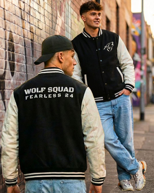 Wolf Squad Varsity Jacket – Fearless 24 jacket regular fit cotton fabric heavyweight fabric graphic print printed design detail view by HAViT Apparel