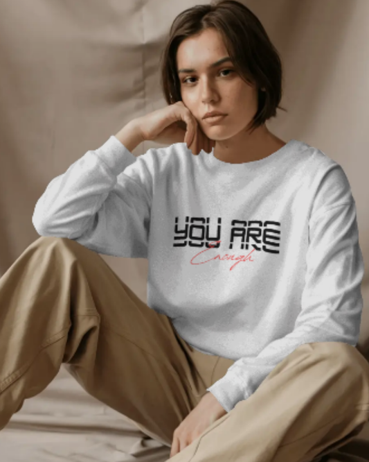 Women’s Oversized Sweatshirt – You Are Enough Graphic sweatshirt oversized fit cotton fabric heavyweight fabric graphic print detail view by HAViT Apparel