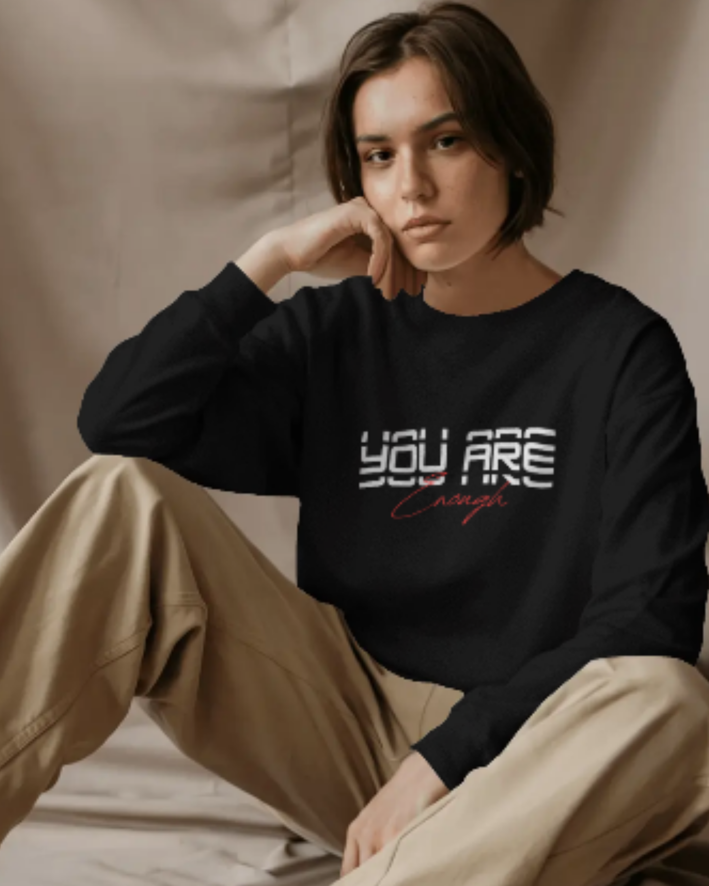 Women’s Oversized Sweatshirt – You Are Enough Graphic Dark Edition sweatshirt oversized fit cotton fabric heavyweight fabric graphic print detail view by HAViT Apparel